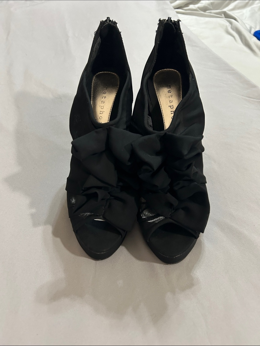 Metaphor Black Ruffle Peep-Toe Platform Heels